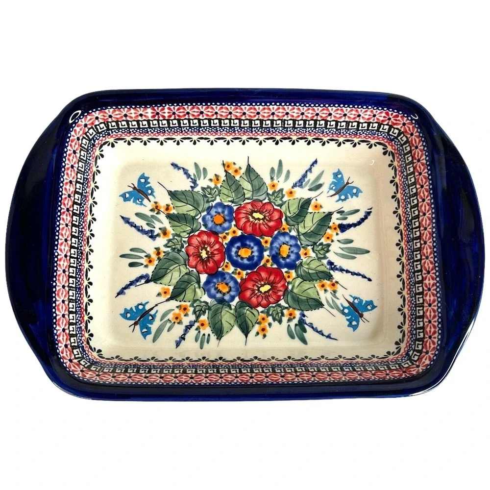 Unikat Spring Splendor Polish Pottery Rectangle Baker with Handles Signed Floral